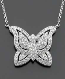 A crystal-accented butterfly pendant lends a touch of sweet whimsy. Rhodium plated. Chain measures 16 inches; drop measures 3/4 inch.