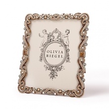 Baronessa 8 x 10 frame with decorated metal back by Olivia Riegel. A rich display of Tiger's Eye, faux pearls and Swarovski crystals make this a dazzling display for your favorite photos. Decorative scrolled metal back detailing.