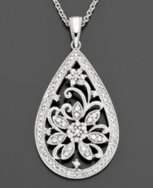 The stunning design of this pear-shaped diamond pendant (3/4 ct. t.w.) is highlighted by a floral burst in the center. Set in sterling silver, Approximate drop: 1-3/4 inches. Approximate length: 18 inches.