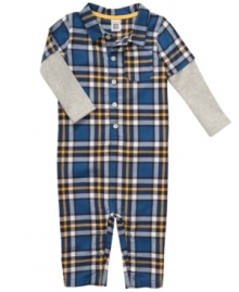 Getting baby dressed is a snap in this super soft plaid jumpsuit from Carter's.