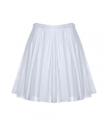 Sweet summer skirt made of fine white cotton - Narrow waistband, side zipper and flattering length - Side mesh elements - Decorative folds and perforated top - Flowing silhouette - Perfect for daytime, garden parties or at the beach club - Style with flat sandals and pastel blouse for romantic look