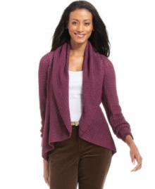 Charter Club's easy cardigan features a draped open front and textured knit for a cozy look and feel.