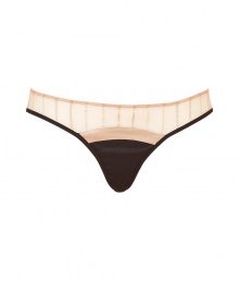 With coquettish vintage-inspired styling, this luxe thong from Kiki de Montparnasse adds sizzle to any ensemble - Striped champagne-hued sheer panel with contrasting solid black inset and trim - Perfect under a slinky cocktail sheath or paired with a matching bra for stylish lounging