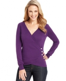 Strike a stylish note in Charter Club's faux-wrap top, complete with goltone button details and a flattering fit.