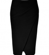 An exquisite choice for business to cocktails looks, Donna Karans stretch wool pencil skirt cuts a flattering feminine figure no matter how you wear it - Wrapped front with slit, elasticized waistline, contoured seaming, pulls on - Form-fitting - Team with feminine tops and standout statement accessories