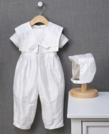 Your baby boy will never have looked more beautiful! This silk Cherish the Moment christening romper and matching bonnet is just perfect for his special day.