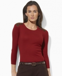 Cut in a relaxed, feminine silhouette, Lauren by Ralph Lauren's supremely soft ribbed cotton top is finished with faux-suede patches and stitching at the shoulders for a chic, rustic vibe.