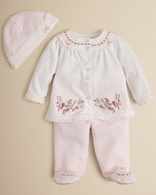 Her style begins with Little Me's lovely footie set, adorned with beautifully-embroidered flowers and eyelet trim for a dreamy look you'll both adore.