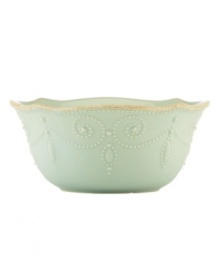 With fanciful beading and a feminine edge, this Lenox French Perle bowl has an irresistibly old-fashioned sensibility. Hardwearing stoneware is dishwasher safe and, in an ethereal ice-blue hue with antiqued trim, a graceful addition to every meal. Qualifies for Rebate