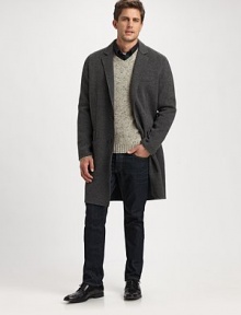 A cold weather essential that is well suited to layer over your office or formal attire, handsomely crafted in a luxurious wool and nylon blend for superior fit and comfort.Button-frontChest welt, waist flap pocketsRear ventAbout 38 from shoulder to hem90% wool/10% nylonDry cleanImported