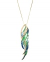 Fine-feathered fashion. RACHEL Rachel Roy's vivacious pendant is a fashionista's dream, with a trendy long chain and bright blue and green glass accents. Set in gold-plated mixed metal. Approximate length: 30 inches. Approximate drop: 3-1/2 inches.