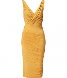 The ultimate figure-hugging dress, this draped Donna Karan favorite will have you turning heads while maintaining comfort - V-neckline with faux wrap detail, sleeveless, front and back twist drape detail, fitted pencil silhouette - Style with statement sandals, a draped front leather jacket, and a studded clutch