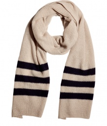 Luxe knit scarf in pure cashmere - Lightweight and incredible soft - Chic, beige and navy blue colorway - Ribbed texture - Oversize shawl style - Eye-catching, graphic stripe motif - Cozy and cool, perfect for pairing with a wool peacoat, leather biker jacket or down parka - Also great for traveling, makes a wonderful gift