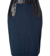 Ultra stylish navy A-line skirt from Raoul -Leather button-front and tie-back details add instant chic to this A-line skirt - Classic A-line silhouette, front kick pleat, hidden side zipper -Wear with a tie-neck blouse, patterned tights, and platforms