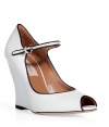 Inject classic elegance into your day or night ensemble with these lovely peep-toe wedges from Valentino - Peep-toe, contrasting white piping detail, high wedge heel - Style with slim trousers and a blouse for day or a figure-hugging sheath dress and a clutch for evening