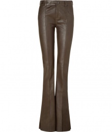 Embody stylish luxe in these ultra-chic flared leather pants from Jitrois - Zip fly and button closure, traditional jean styling, super flared leg, front and back seaming detail on leg - Wear with a tie-neck blouse, a military-inspired jacket, and platform booties