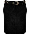 Infuse downtown-chic and undeniable sex appeal into your look with this ultra luxe skirt from It label Balmain - Denim-style, zip with button fly, detachable belt with gold-tone hardware, pencil silhouette, back zip pockets, back slit - Style with a sheer blouse, patterned stockings, and platform booties