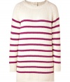 Stylish pullover in fine, ecru cotton and acrylic blend - Whats new: on-trend, berry stripe motif begins at bust and upper arms, hem hangs lower in the back - Wide, round neck and long sleeves - Chunky rib trim at cuffs, collar and back hem - Gold button placket at back - New silhouette is long and straight - A modern twist on a style staple - Pair with slim trousers, skinny jeans or Bermuda shorts