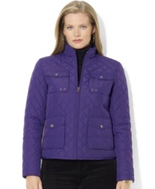 A bold hue lends modern appeal to Lauren Ralph Lauren's classic quilted coat rendered in sleek microfiber.