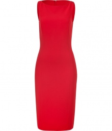 Luxurious case dress in vibrant red stretch wool - Flattering fit thanks to a narrow-waisted silhouette, U-boat neckline and high back - Pencil-cut skirt with rear-center slit falls at the knee - Concealed zip at back - Pair with nude peep toe heels and blazer for the office, and add a clutch for a late dinner