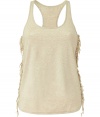 Up the ante on casual summer basics with this boho-chic ecru tank  from  Ella Moss - Super-soft, ultra-flattering rayon stretch blend - Slim yet relaxed racer back cut with round neck - On trend fringe embellishment at sides - Hem hangs slightly longer in the back -  Pair with ballet flats or leather sandals and Bermudas, cropped trousers or skinny denim