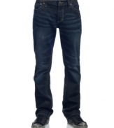 Superstar status is what you'll have in this comfortable slim fit jeans by Affliction with unique design on back pockets.