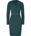 Eye-catching drape detail and fashionable fabric blocking lend this viscose-blend, emerald-hued Viktor & Rolf dress its polished chic - Fitted, curve-hugging cut tapers through middle - Round neck and long sleeves - Pencil-style skirt hits above the knee - Contrast panels at waist and sides have a subtle sheen - Zips at back - Ladylike-with-a-twist and perfect for parties, cocktails and dinners - Pair with strappy sandals or platform pumps and a statement clutch