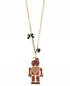 This robot has found love. Betsey Johnson's cute pendant necklace features a long chain displaying a fuchsia glitter robot pendant with blue crystal eyes, pink crystal hearts and gold tone details. A black bow and heart finish off the adorable look. Crafted in antique gold tone mixed metal. Approximate length: 31 inches. Approximate drop: 3 inches.