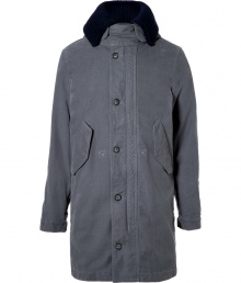 Inject a chic utilitarian edge into your outerwear wardrobe with Closeds washed grey weighty cotton parka, complete with a removable navy knit collar and full fleece lining cool enough to wear alone as a jacket - Removable navy ribbed knit wool collar, cotton spread collar underneath with hood and stand-up snapped front, hidden two-way front zip, button-down front, long sleeves, buttoned cuffs, snapped flap pockets, inside drawstring waistline, full grey fleece button-on removable lining - Classic straight fit - Wear with rugged winter boots and chic cashmere knit caps