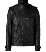 Black double-breasted leather jacket - Ultra-stylish black double-breasted leather jacket - Get the look of the season in this luxe leather -On-trend military details with a rugged motorcycle silhouette - Wear with distressed jeans, a pullover, and motorcycle boots for downtown-ready casual - Try with slim trousers, a button-down, and retro trainers