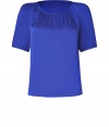 Give your business look a breezy feminine finish with Hugos bright blue stretch silk top, perfect for tucking into sleek tailored separates - Scooped neckline, elbow-length sleeves, soft gathering detail around neck and cuffs - Relaxed straight fit - Pair with flawless pumps and a carryall tote