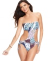 Lucky Brand's patchwork print monokini boldly goes where no swimsuit has gone before: country charm goes all-out sexy with cutouts and lacy trim!