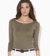 Look relaxed and polished in this three-quarter-sleeve boatneck from Lauren by Ralph Lauren, fashioned in sleek ribbed cotton with laced detailing at the shoulders.