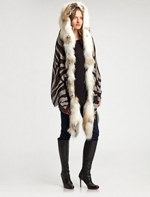 Luxurious, natural fox fur trims this transformable hooded wrap, accented by a zebra print on modal and cashmere.90% modal/10% cashmereAbout 28 X 79Dry cleanMade in ItalyFur origin: Finland