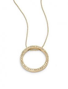 THE LOOKEternity circle pendant.05 tcw diamond accents14k yellow gold settingSpring ring closureTHE MEASUREMENTDiameter, about 1Length, about 15.5ORIGINImported