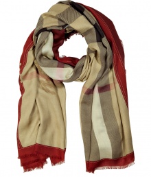 The classic Burberry scarf gets a modern redux with this bold-hued large check printed cashmere-and-modal version - All-over large check pattern, fringed edges - Pair with an elevated jeans-and-tee ensemble and a slim trench