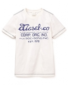 Stylized logo script and a double topstich trim bring cool vintage style to your little guy.