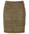 Luxurious skirt made of fine, vintage green suede - Especially light, soft and pliable material (goat suede) - Mega comfy, follows your every movement - Fashionable tiered draping - The skirt has a classic pencil cut, slim and thigh length - An awesome new basic that works for several seasons - Depending on the style, looks romantic and hippie-like (e.g.,with a tunic blouse) or elegant and ladylike (e.g., with a white blouse, blazer) - Wear for day or evening