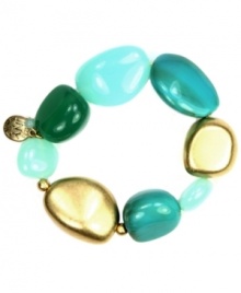 Playful shapes and summer colors combine. Slip on Jones New York's stretchable bracelet for an instant style boost. Comes in bright turquoise, green and gold plastic beads with gold-plated mixed metal accents and logo charm. Approximate length: 8 inches.