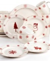 Greet the season with charming Birchwood Holiday dinnerware. Casual earthenware stenciled with red deer, snowflakes and trees brings the spirit of the season to three meals a day. From Euro Ceramica.