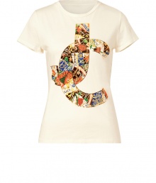 Casual looks get a luxe finish with Juicy Coutures jeweled logo scarf print short sleeved tee - Rounded neckline, short sleeves, slim fitting silhouette - Pair with jeans, mini-skirts or cuffed shorts