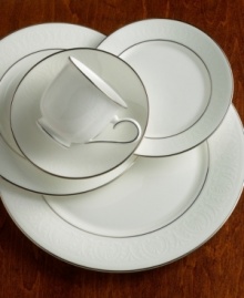 The simple and classic Hannah Platinum pattern brings a timeless refinement to your formal entertaining table, in pure white bone china embossed with a subtle palmetto-leaf design and banded in platinum. Qualifies for Rebate