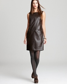 A sleek leather silhouette infuses the classic Jones New York Collection shift dress with urban sophistication. Layer over sheer tights for effortless edge.