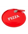 Turn takeout into a good old-fashioned pizza party. Tomato-red earthenware with white block letters gives this pizza cutter and plate set a fun, novelty feel. From Tabletops Unlimited's collection of serveware and serving dishes.