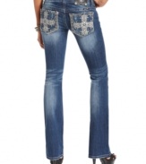 Rhinestone and embroidered crosses add eye-catching appeal to these Miss Me bootcut jeans -- perfect for daytime glam!