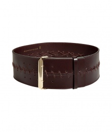 Cinch your look in style with this luxe stitch-detailed leather belt from Schumacher - Wide belt, gold-tone closure, stitching details, smooth leather - Wear with an oversized blouse or over a full-length cardigan