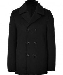 Bring classic sophistication to your cold weather style with this wool peacoat from Jil Sander - Wide notched lapels, long sleeves, front button placket, double-breasted, slit pockets - Style with a cashmere pullover, straight leg jeans, and suede ankle boots