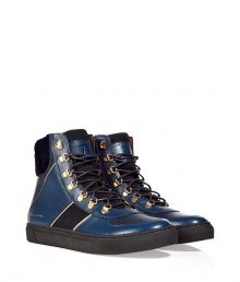 Add some edge to your shoe closet with these high-tops - Designed by Marc Jacobs - Blue leather and black stripe panels with white piping and faux-fur collar - Artsy mix of sneaker and boot with large metallic eyelets and thick leather laces - Wear with favorite denim, cool tee and a blazer