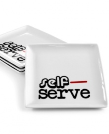 Send a message. Playful black and red type on this set of appetizer plates from the Salt&Pepper's Party! serveware and serving dishes collection invites guests to serve themselves. Ultra-sturdy porcelain speeds prep and cleanup for added fun.