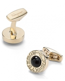 These zodiac cufflinks sign off on your sartorial wit and feature a handsome onyx stone surrounded by shiny palladium, crafted with skill and precision by Salvatore Ferragamo.